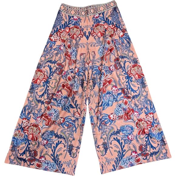 Champagne & Strawberry‎ Brocade Palazzo Pants High Waist Floral Size L - Picture 2 of 11